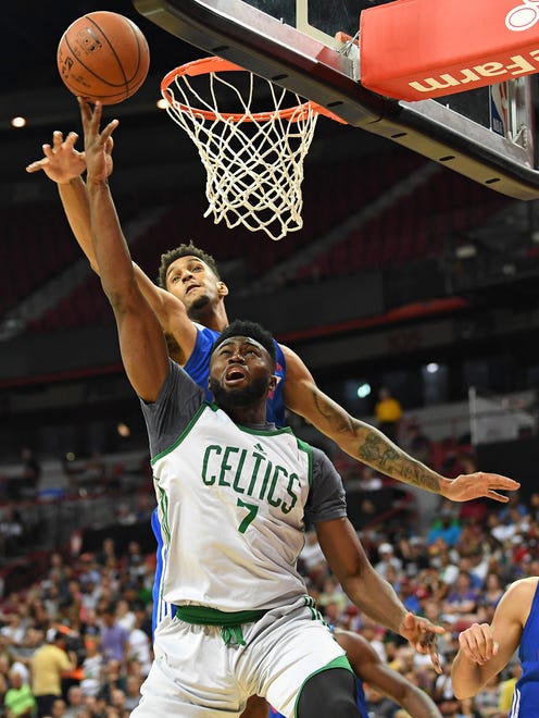 July 11: Celtics forward Jaylen Brown is fouled by 76ers forward Jonah Bolden during an NBA Summer League game at Thomas & Mack Center in Las Vegas.