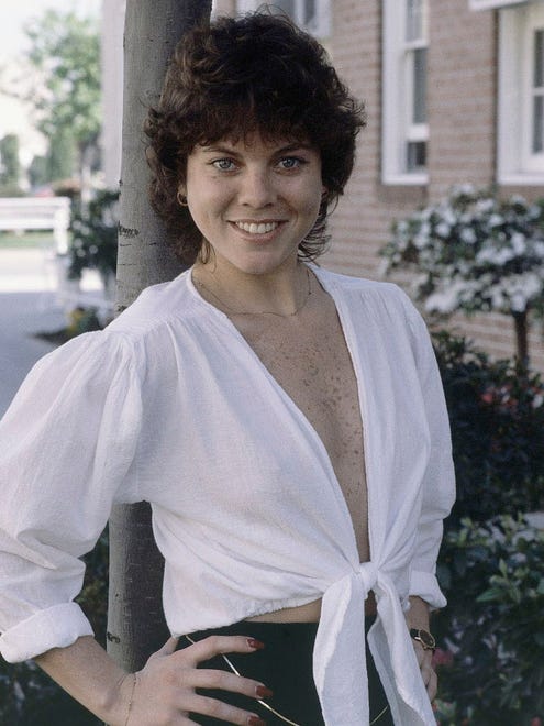 FILE - This Feb. 19, 1982 file photo shows actress Erin Moran of the television show, "Happy Days" in Los Angeles. Moran, the former child star who played Joanie Cunningham in the sitcoms "Happy Days" and "Joanie Loves Chachi," has died at age 56. Police in Harrison County, Indiana said that she had been found unresponsive Saturday, April 22, 2017, after authorities received a 911 call. (AP Photo/Wally Fong, File) ORG XMIT: CAET960
