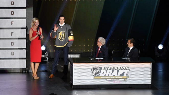 Vegas Golden Knights goalie Marc-Andre Fleury is introduced during the 2017 NHL Awards and Expansion Draft at T-Mobile Arena.