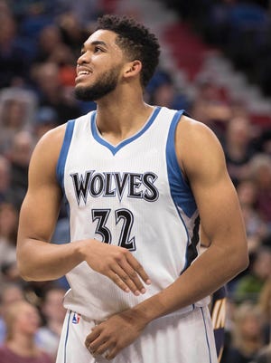 Karl-Anthony Towns looks on after a foul is called in the second half against the Indiana Pacers.