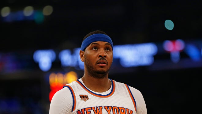 Jan 12, 2017; New York, NY, USA; New York Knicks forward Carmelo Anthony (7) during a break in action against the Chicago Bulls during the first quarter at Madison Square Garden. Mandatory Credit: Adam Hunger-USA TODAY Sports ORG XMIT: USATSI-324532 ORIG FILE ID:  20170112_arh_sh4_0047.jpg