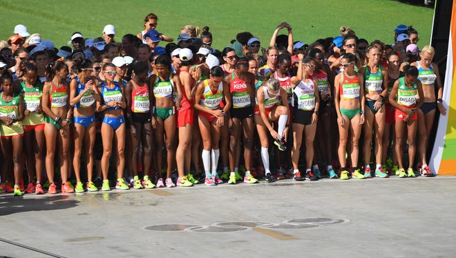 A general view at the start of the women's marathon in the Rio 2016 Summer Olympic Games at Sambodromo.