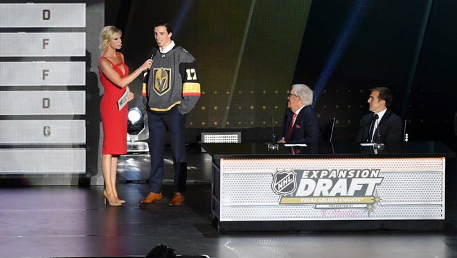 Vegas Golden Knights goalie Marc-Andre Fleury is interviewed by Kathryn Tappen during the 2017 NHL Awards and Expansion Draft at T-Mobile Arena.
