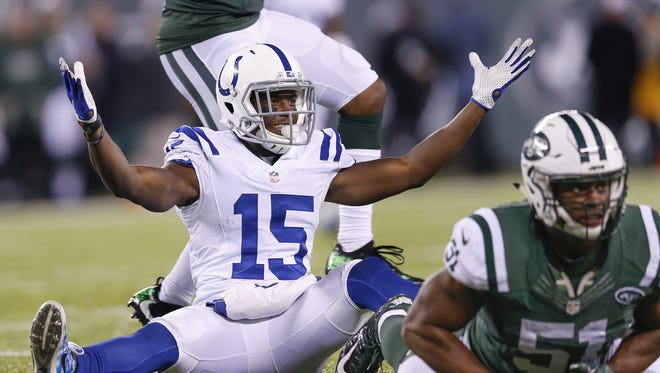 Indianapolis Colts wide receiver Phillip Dorsett (15) reacts after New York Jets inside linebacker Julian Stanford (51) was flagged for pass interference while defending him during the 1st half at MetLife Stadium in East Rutherford, N.J., on Monday, Dec. 5, 2016.