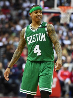 Boston Celtics guard Isaiah Thomas (4) reacts after receiving a technical foul against the Washington Wizards during the fourth quarter in Game 4 of the second round of the 2017 NBA Playoffs at Verizon Center.