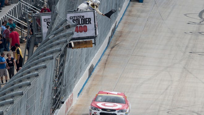 Kyle Larson is black flagged during the Citizen Soldier 400 at Dover International Speedway.