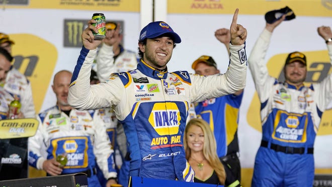 Elliott celebrates AFTER winning the second Can-Am Duel 2 at Daytona International Speedway in 2018 ahead of the Daytona 500.