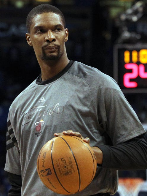 Jun 12, 2012; Oklahoma City, OK, USA;  Miami Heat power forward Chris Bosh warms-up prior to facing the Oklahoma City Thunder in game one in the 2012 NBA Finals at the Chesapeake Energy Arena.