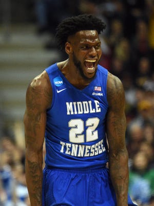 Middle Tennessee Blue Raiders forward JaCorey Williams (22) celebrates during the second half of the game against the Minnesota Golden Gophers in the first round of the NCAA Tournament at BMO Harris Bradley Center.