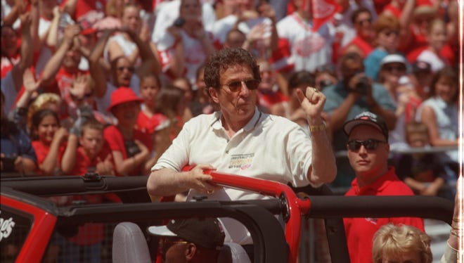 In 1998, Detroit Red Wings owner Mike Ilitch during the  Detroit Red Wings Stanly Cup parade in Detroit. The Wings swept the  Washington Capitals in 4 games.