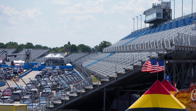 The grandstand at the Milwaukee Mile is shown at State Fair Park. Each day during the fair, about 7,000 cars are parked there.