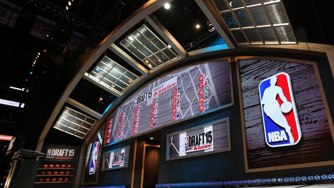 General view of the stage before the start of the 2015 NBA Draft at Barclays Center.