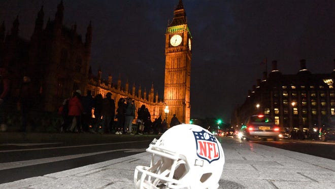 General view of  NFL Shield logo helmet and the Big Ben clock tower and the Houses of Parliament and the Palace of Westminster prior to game 16 of the NFL International Series between the New York Giants and the Los Angeles Rams.