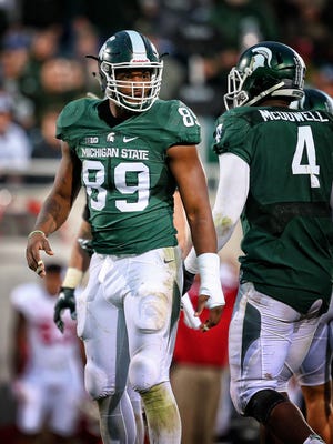 MSU is missing Shilique Calhoun's voice and pass rushing this season. Once Calhoun's sidekick, Malik McDowell (4) doesn't fit the leading role on MSU's defensive line quite as well.