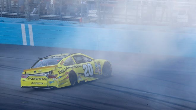 Round 3: Matt Kenseth goes careening into the wall while racing for the lead with Alex Bowman during the first overtime restart at Phoenix. The crash extinguished Kenseth's hopes of racing for his second championship.
