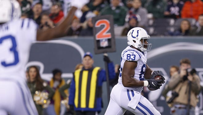 Indianapolis Colts tight end Dwayne Allen (83) walks into the end zone to score against the New York Jets on a 7 yard screen pass from quarterback Andrew Luck during the first quarter at MetLife Stadium in East Rutherford, N.J., on Monday, Dec. 5, 2016.
