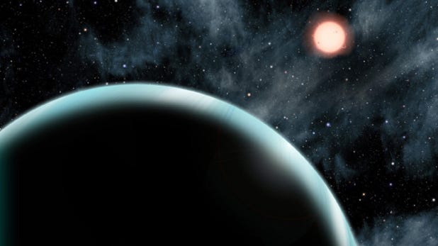 This artist's conception shows the Uranus-sized exoplanet Kepler 421-b, which orbits an orange, type K star about 1,000 light-years from Earth.