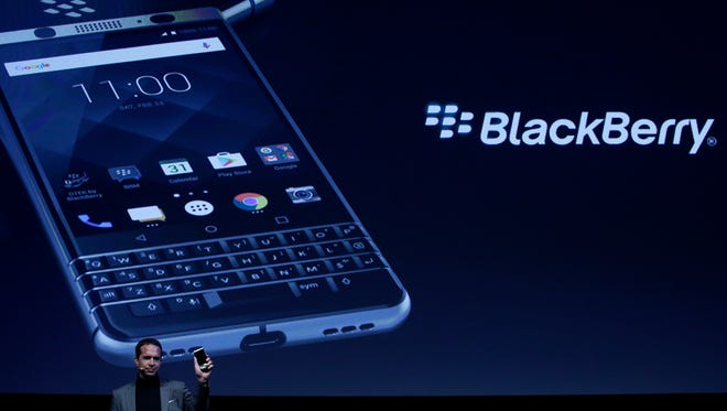 TCL Communication's CEO Nicolas Zibell presents the new BlackBerry KEYone before the Mobile World Congress.
