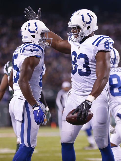 Indianapolis Colts tight end Dwayne Allen (83) celebrates with Phillip Dorsett (15) after catching a 21 yard pass against the New York Jets from quarterback Andrew Luck to score his second touchdown of the first quarter at MetLife Stadium in East Rutherford, N.J., on Monday, Dec. 5, 2016.