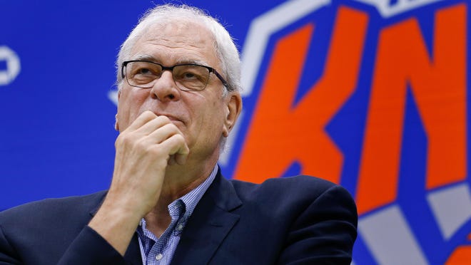 New York Knicks president Phil Jackson answers questions during a news conference at the team's training facility in Greenburgh, N.Y. Jackson took what appeared to be another dig at forward Carmelo Anthony in a tweet on Feb. 7, 2017.