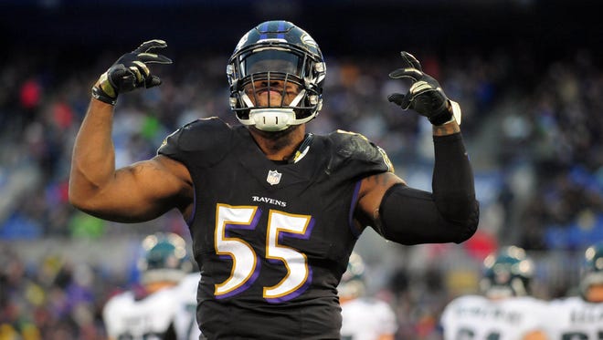 Baltimore Ravens linebacker Terrell Suggs (55) reacts during the game against the Philadelphia Eagles at M&T Bank Stadium.