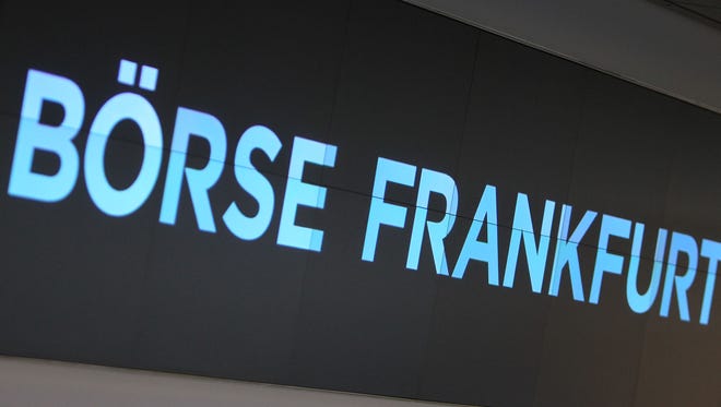 A display at the German Stock Market in Frankfurt, Germany, on Feb. 26, 2016, reads "Boerse Frankfurt."