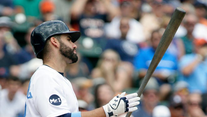 Tigers rightfielder J.D. Martinez reacts after striking out during the first inning of the Tigers' 9-1 loss to the Rays Sunday at Comerica Park.