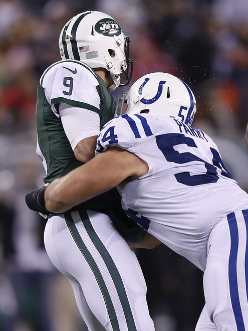 New York Jets quarterback Bryce Petty (9) is sacked by Indianapolis Colts nose tackle David Parry (54) during the 2nd half at MetLife Stadium in East Rutherford, N.J., on Monday, Dec. 5, 2016.