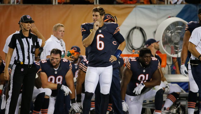 Chicago Bears quarterback Jay Cutler (6) stands on the sideline during the first half of an NFL football game against the Philadelphia Eagles, Monday, Sept. 19, 2016, in Chicago. (AP Photo/Charles Rex Arbogast) ORG XMIT: CXB