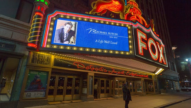 Mike Ilitch is remembered on the marquee of the Fox Theater on Friday, Feb. 10, 2017 in downtown Detroit.