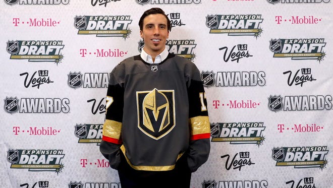 Goaltender Marc-Andre Fleury poses in the press room after being taken by the Vegas Golden Knights in the expansion draft.
