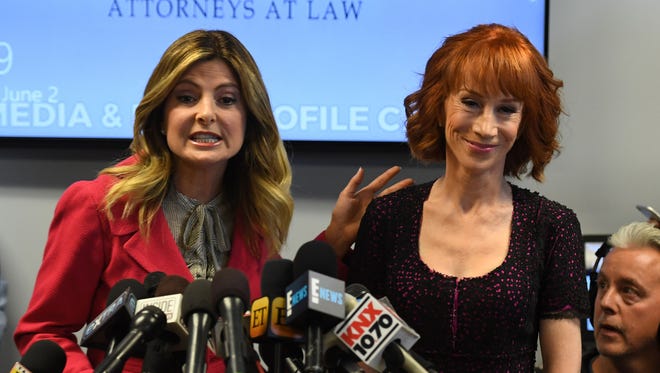 Comedian Kathy Griffin is introduced during a news conference Friday by her attorney, Lisa Bloom (L).
