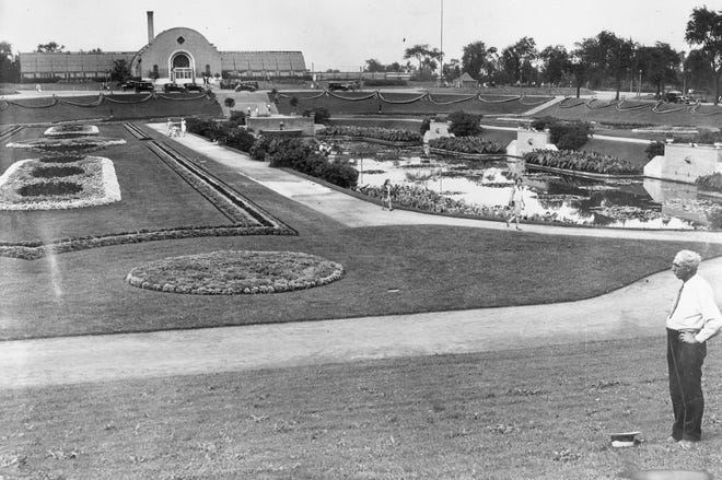 The Mitchell Park Conservatory gardens in 1949. The conservatory was torn down in the 60's to make room for the Mitchell Park Domes.