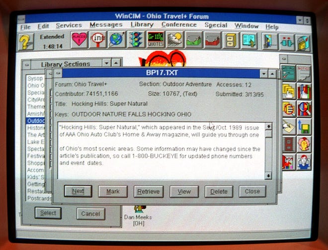 CompuServe screen showing travel and tourism information on the Hocking Hills computer internet online travel forum April 1995 . A deal struck by the state Division of Travel and Tourism resulted in creation of the Ohio Travel Forum on Upper Arlington-based CompuServe, the world's largest on-line computer service with 2.8 million subscribers.
