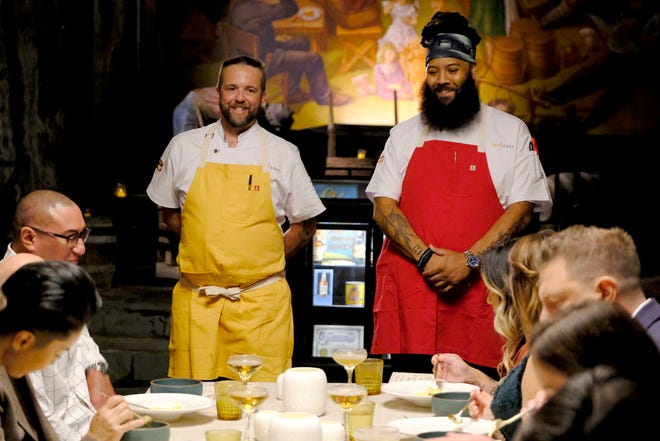 Dan Jacobs, left, and Valentine Howell Jr. show their fourth-course dishes to the judges on Episode 2 of "Top Chef: Wisconsin."