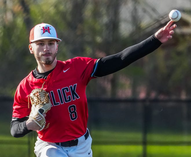 Racine Horlick's Gavin Gain (8) delivers a pitch during the game at Oak Creek, Friday, April 19, 2024.