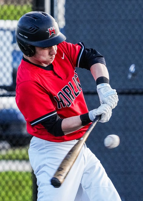 Racine Horlick's Colin Repa (13) connects during the game at Oak Creek, Friday, April 19, 2024.