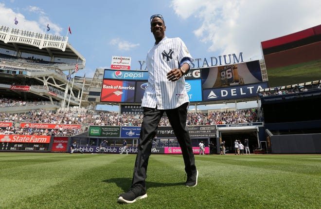Dwight Gooden is introduced as the New York Yankees honor the 1996 World Series team at Yankee Stadium.