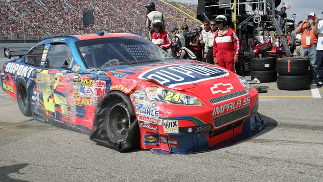 Gordon, shown here with a blown tire at the race at Michigan on Aug. 17, 2008, failed to win a Cup race for the first time since his rookie year in 1993. Gordon finished seventh in the standings.